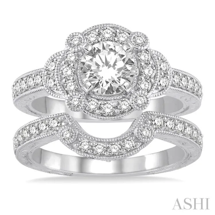 1 1/2 Ctw Diamond Wedding Set with 1 1/4 Ctw Round Cut Engagement Ring and 1/4 Ctw Wedding Band in 14K White Gold