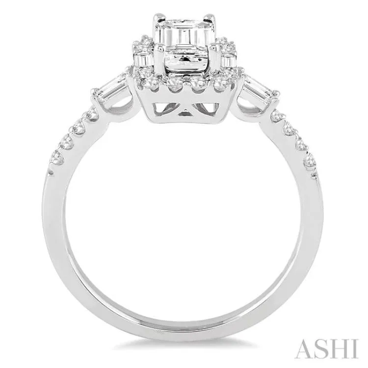 1 Ctw Diamond Engagement Ring with 5/8 Ct Emerald Cut Center Stone in 14K White Gold
