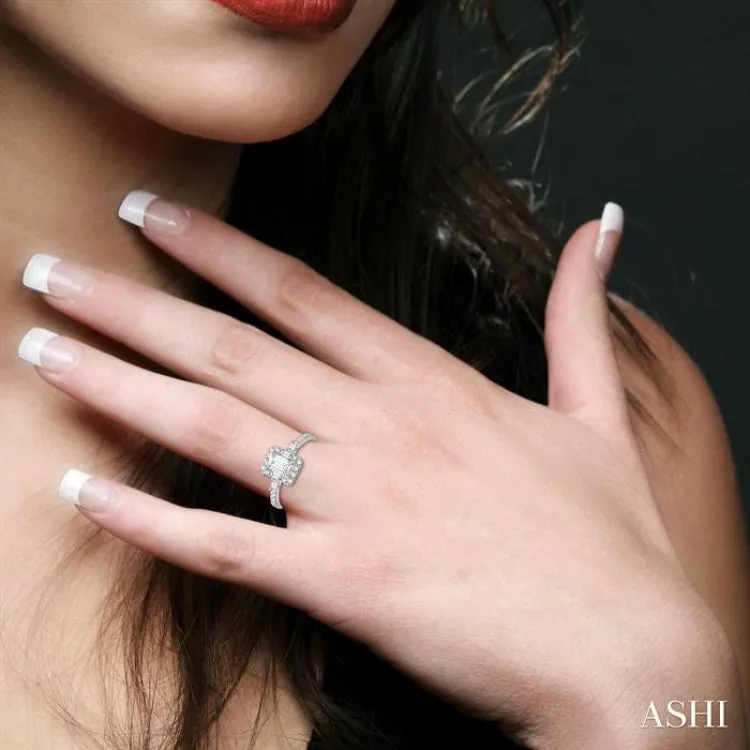 1 Ctw Diamond Engagement Ring with 5/8 Ct Emerald Cut Center Stone in 14K White Gold