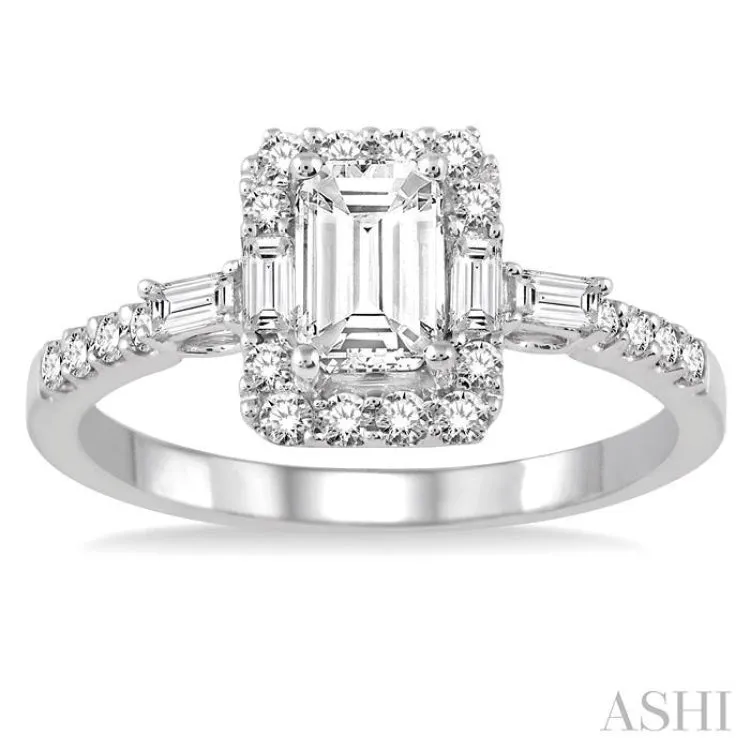 1 Ctw Diamond Engagement Ring with 5/8 Ct Emerald Cut Center Stone in 14K White Gold