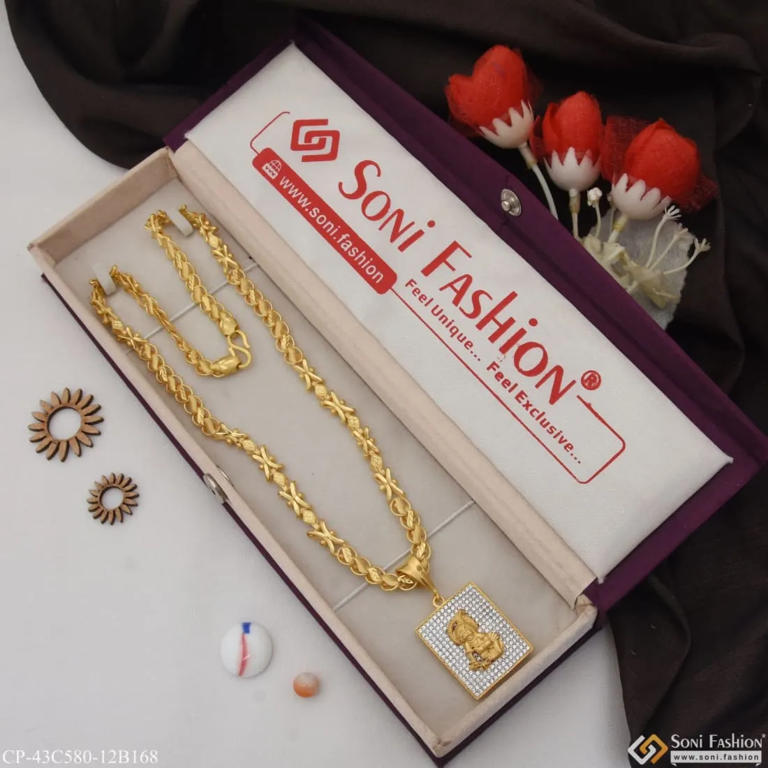 1 Gram Gold Plated Bal Krishna Best Quality Chain Pendant Combo for Men (CP-C580-B168)