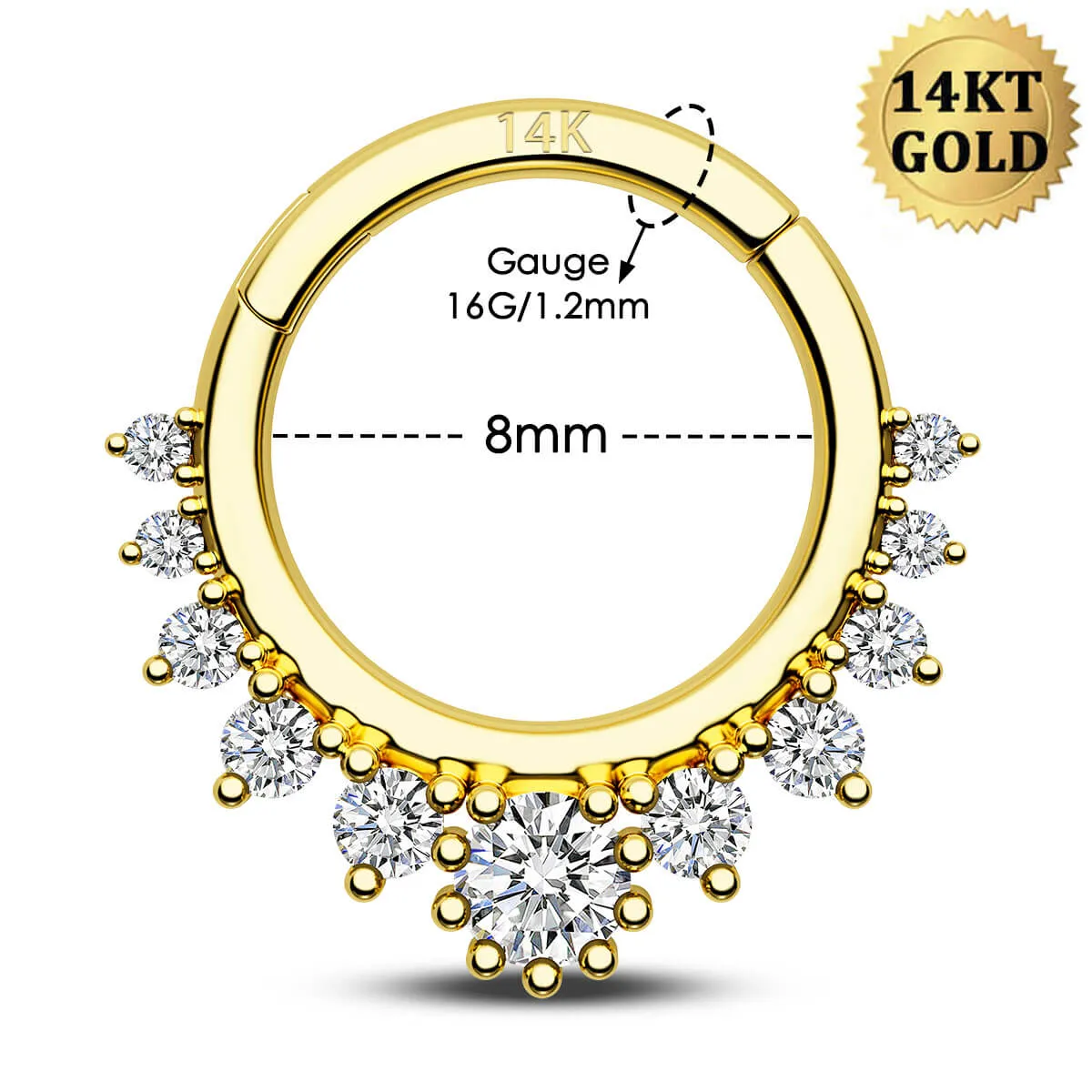 14K Gold 16G CZ Septum Ring Daith Earring