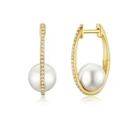 14k Gold 7.5MM 2 Pearl, 0.09Ct Diamond Earring with 42 Diamonds, available in White, Rose and Yellow Gold