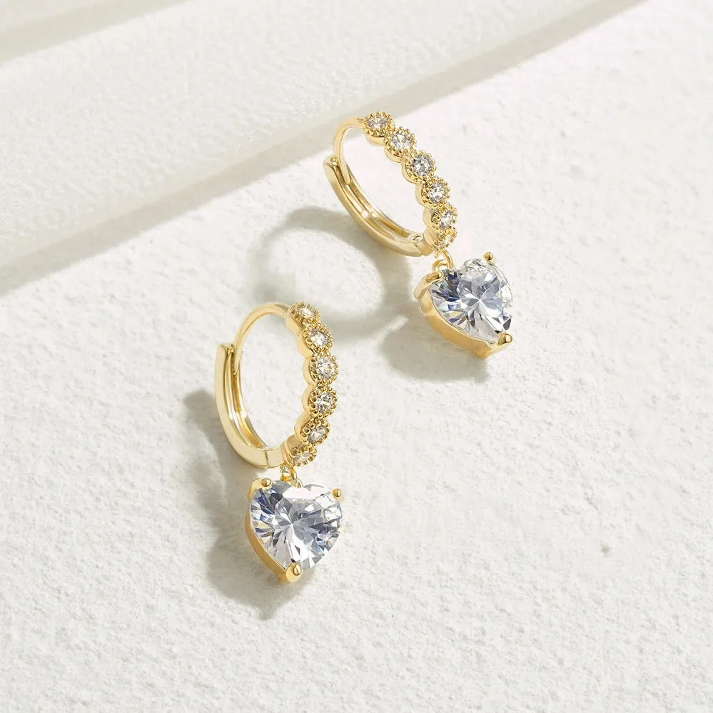 14K Gold Huggies Hoop Dangle Drop Earrings- Heart Diamond