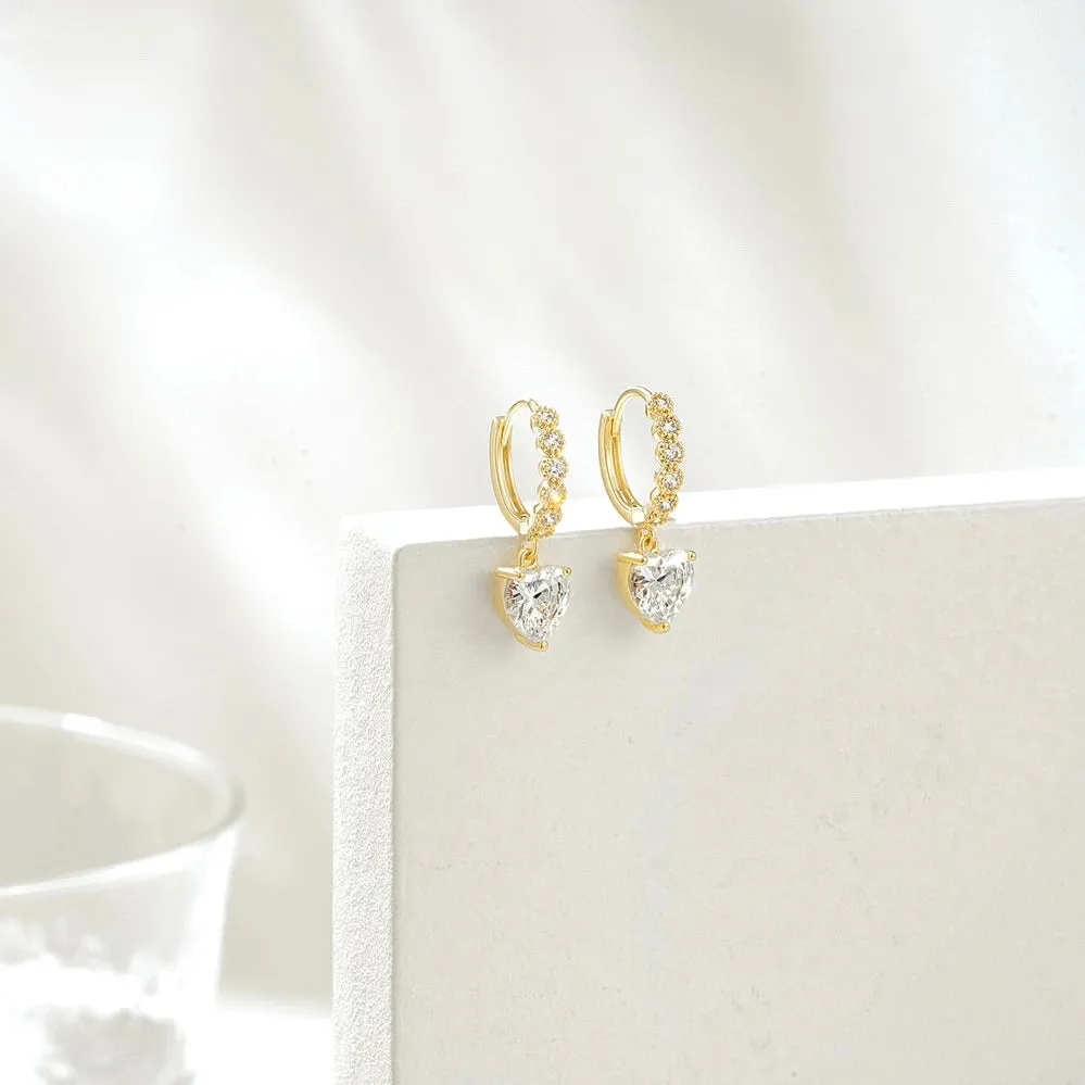 14K Gold Huggies Hoop Dangle Drop Earrings- Heart Diamond
