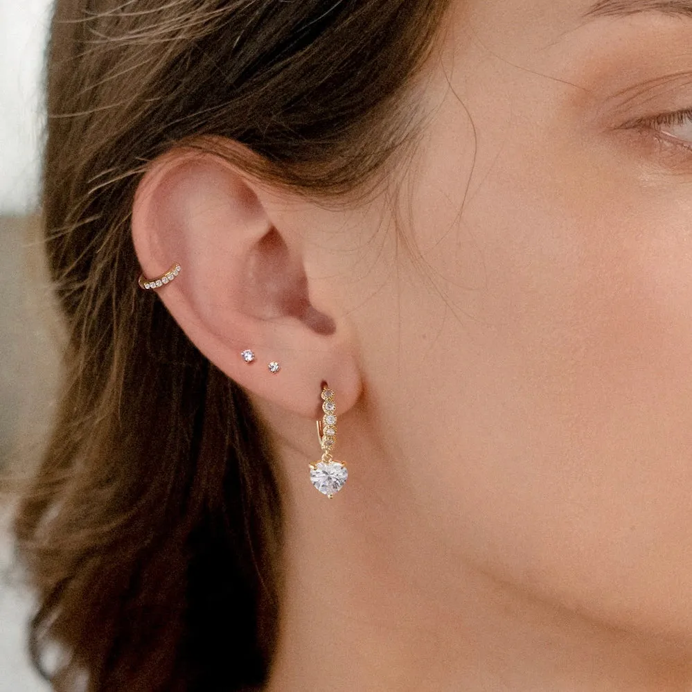 14K Gold Huggies Hoop Dangle Drop Earrings- Heart Diamond