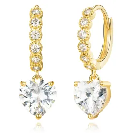 14K Gold Huggies Hoop Dangle Drop Earrings- Heart Diamond