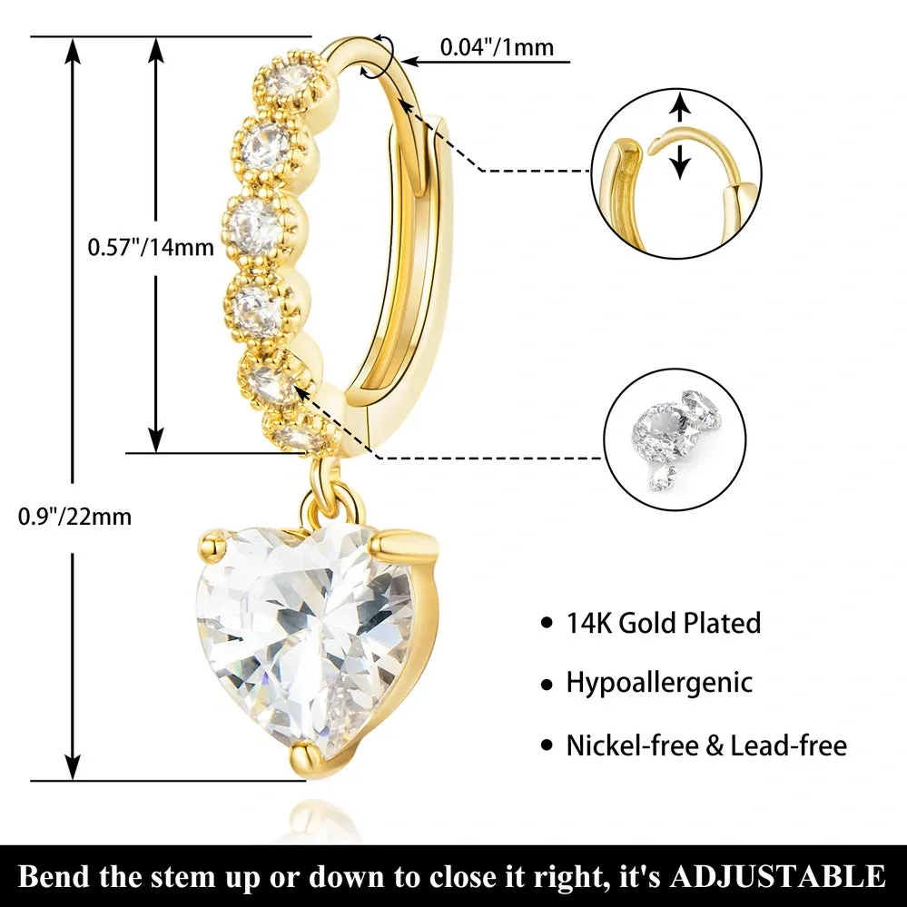 14K Gold Huggies Hoop Dangle Drop Earrings- Heart Diamond