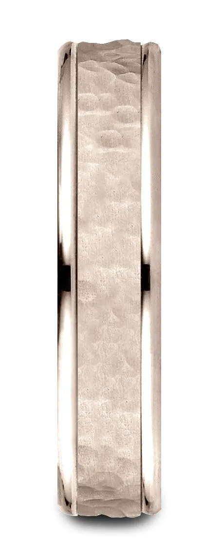 14k Rose Gold Comfort Fit 4mm High Polish Edge Hammered Center Design Band