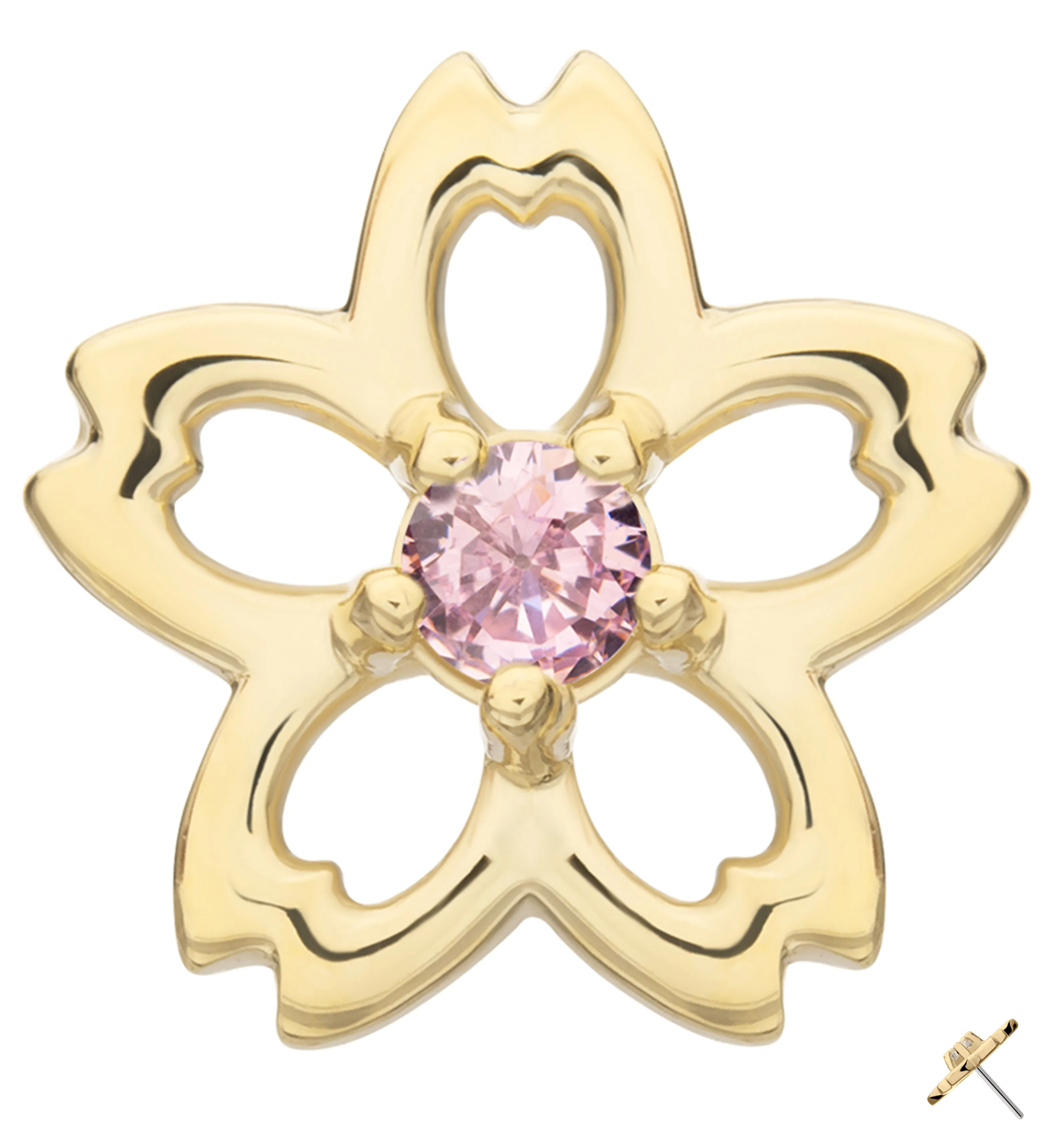14kt Gold Floral Cutout Blossom Pink CZ Threadless Top