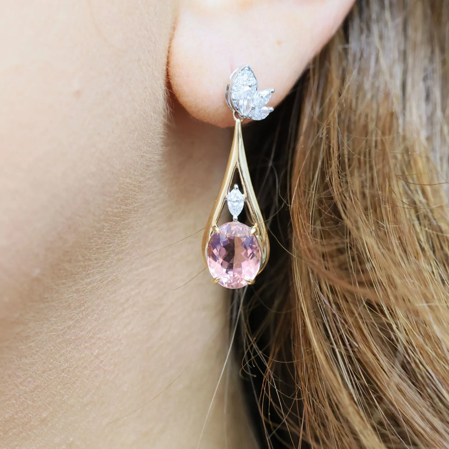 18ct Rose & White Gold Oval Cut Pink Tourmaline & Marquise Cut Diamond Drop Earrings