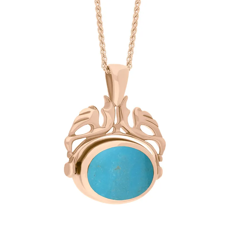 18ct Rose Gold Whitby Jet Turquoise Double Sided Oval Swivel Fob Necklace