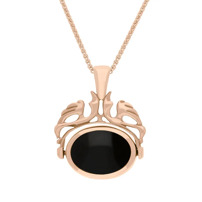 18ct Rose Gold Whitby Jet Turquoise Double Sided Oval Swivel Fob Necklace