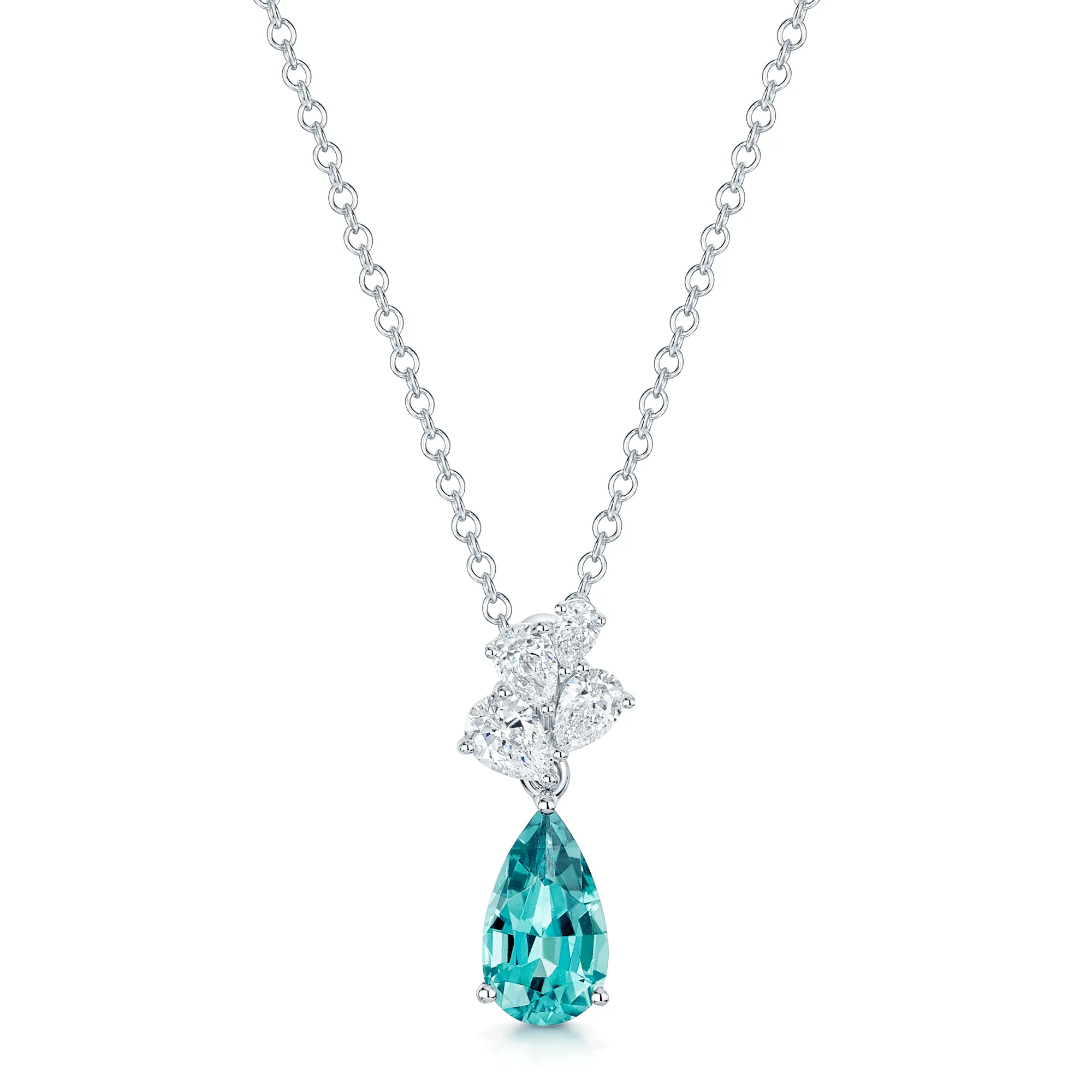 18ct White Gold Pear Cut Indicolite Tourmaline And Diamond Drop Pendant