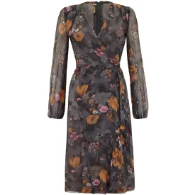 1960s British Couture Grey Floral Silk Chiffon Vintage Dress
