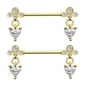 2Pcs 14G Heart CZ Dangle Nipple Barbell