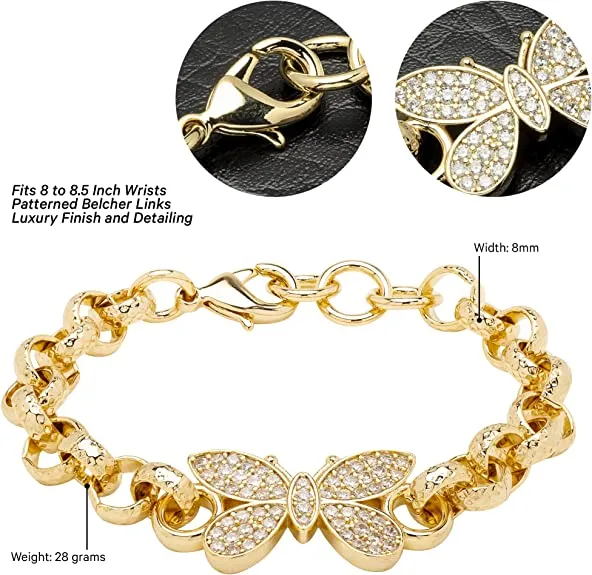 8mm Gold Filled Crystal Butterfly Belcher Bracelet 8 Inch