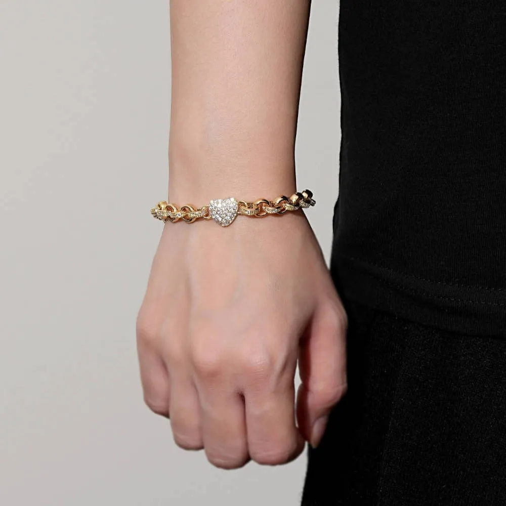 8mm Gold Filled Crystal Heart Charm Belcher Bracelet 7/7.5 Inch