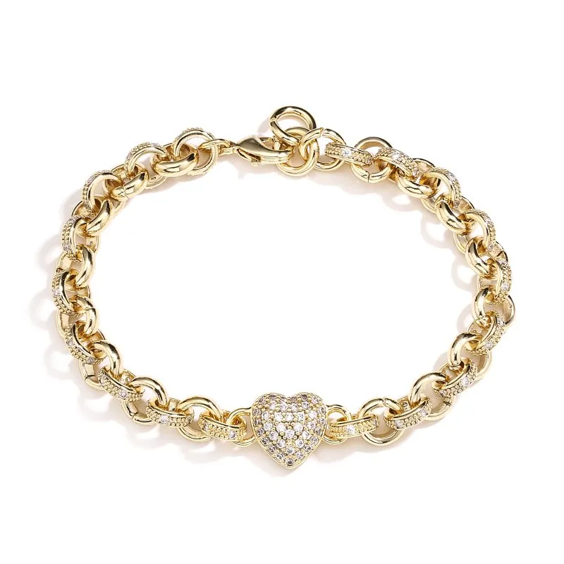 8mm Gold Filled Crystal Heart Charm Belcher Bracelet 7/7.5 Inch