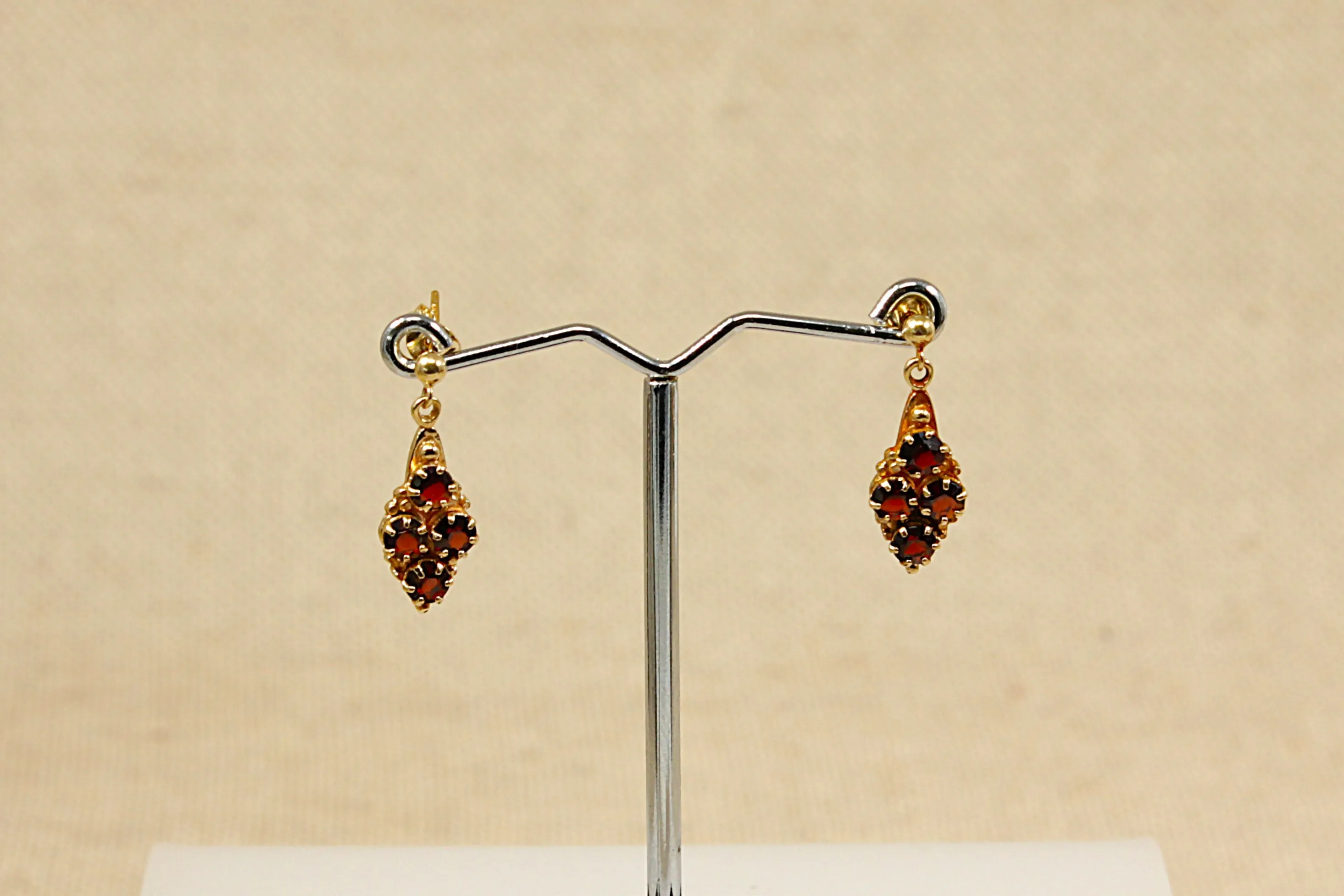 9ct Gold & Garnet Cluster Dropper Earrings