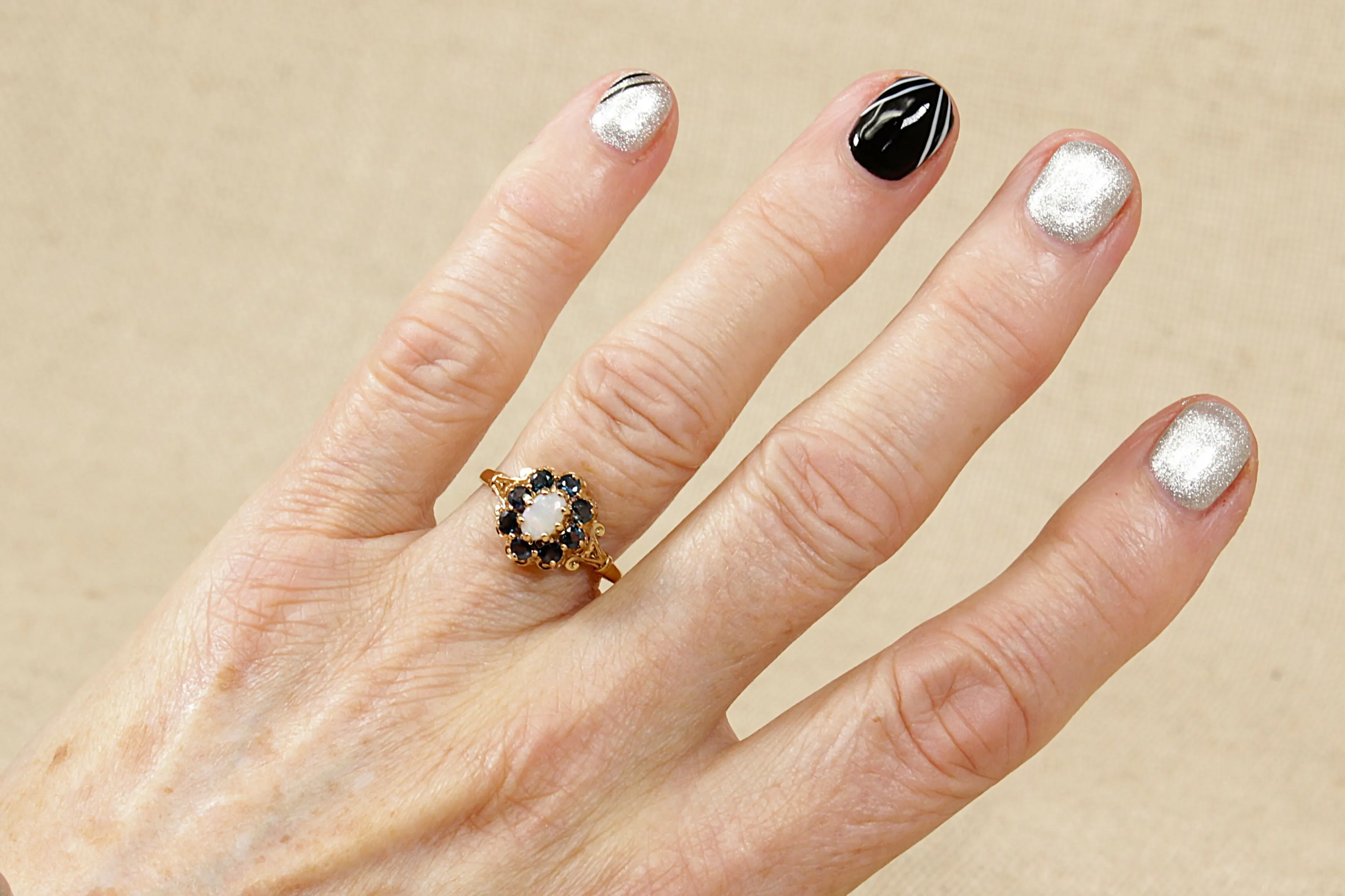 9ct Gold Fire Opal and Sapphire Cluster Ring