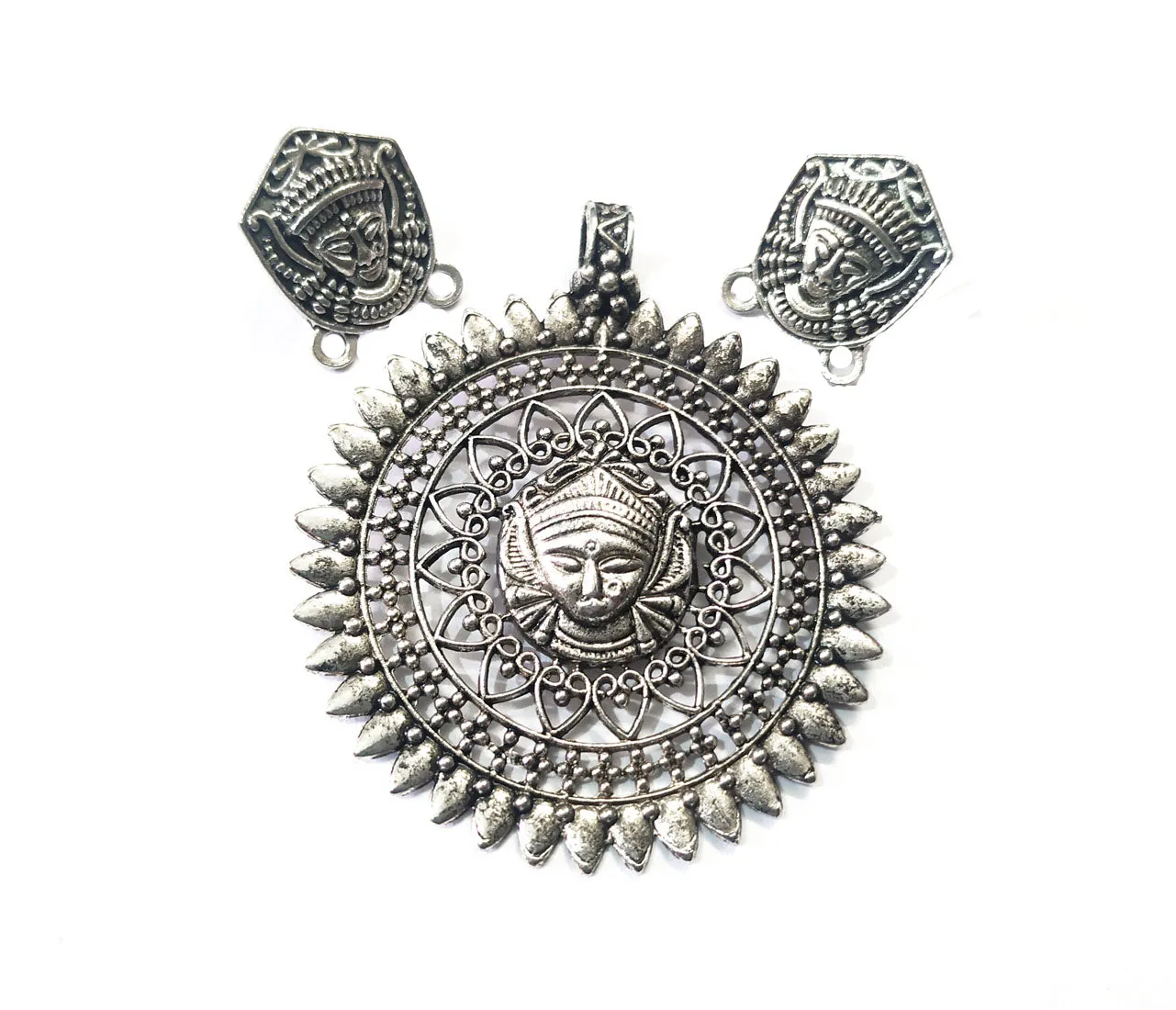 Antique Silver Goddess Tribal Pendant and Studs