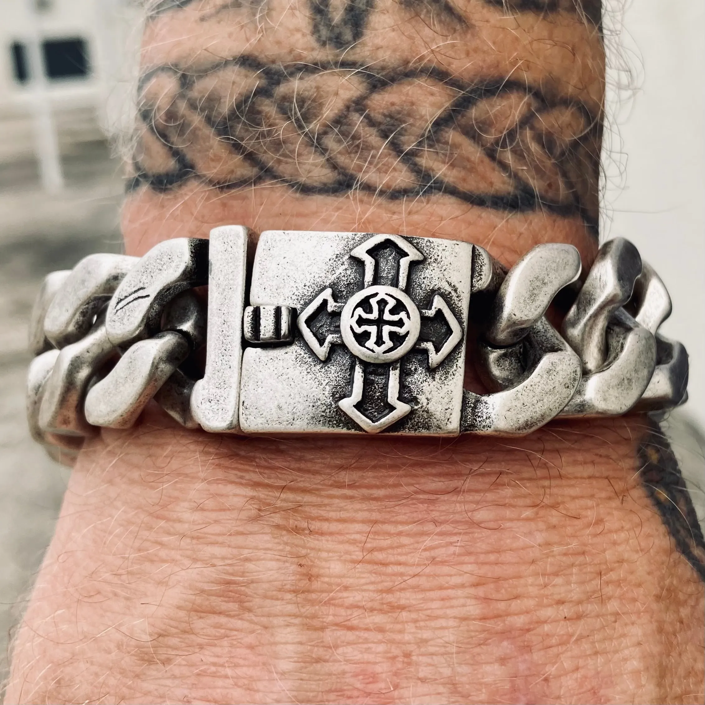 Bagger Bracelet - "EASY BIKER" - Guardian Cross Brushed - 3/4" wide - B121