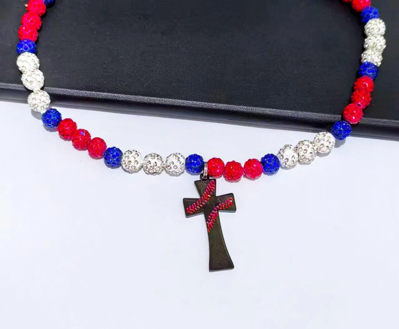 Baseball Cross Bling Necklace - Glitter Rhinestone Beaded Pendant Gift
