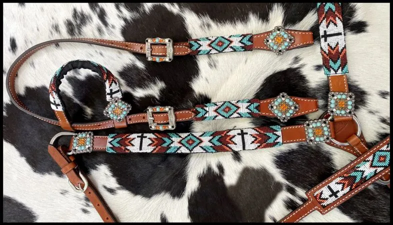 Beaded Cross Southwest 4 Piece Headstall Set