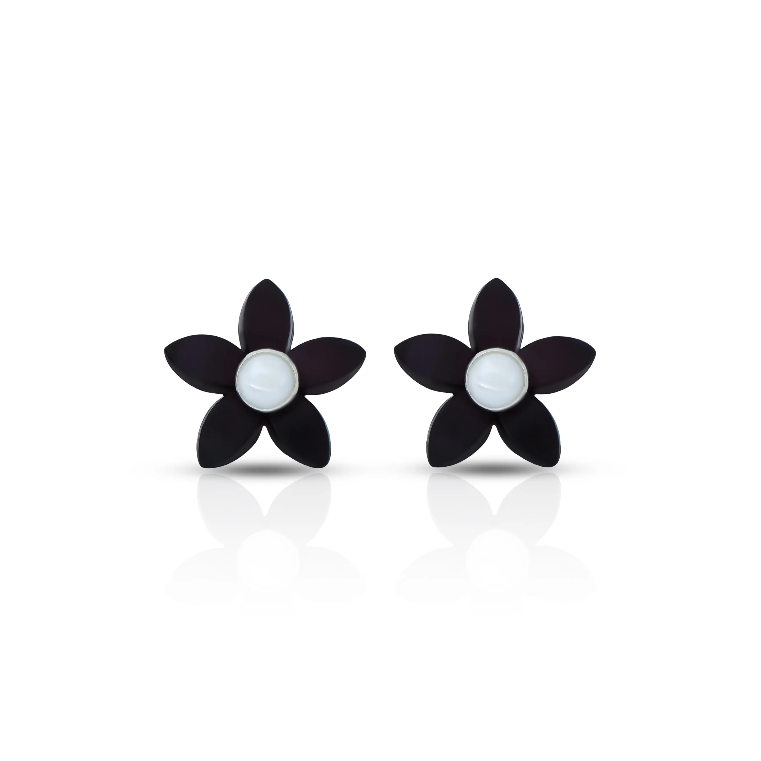 Black Flower Stud Silver Earrings with Pearl Center