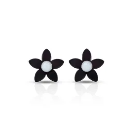 Black Flower Stud Silver Earrings with Pearl Center