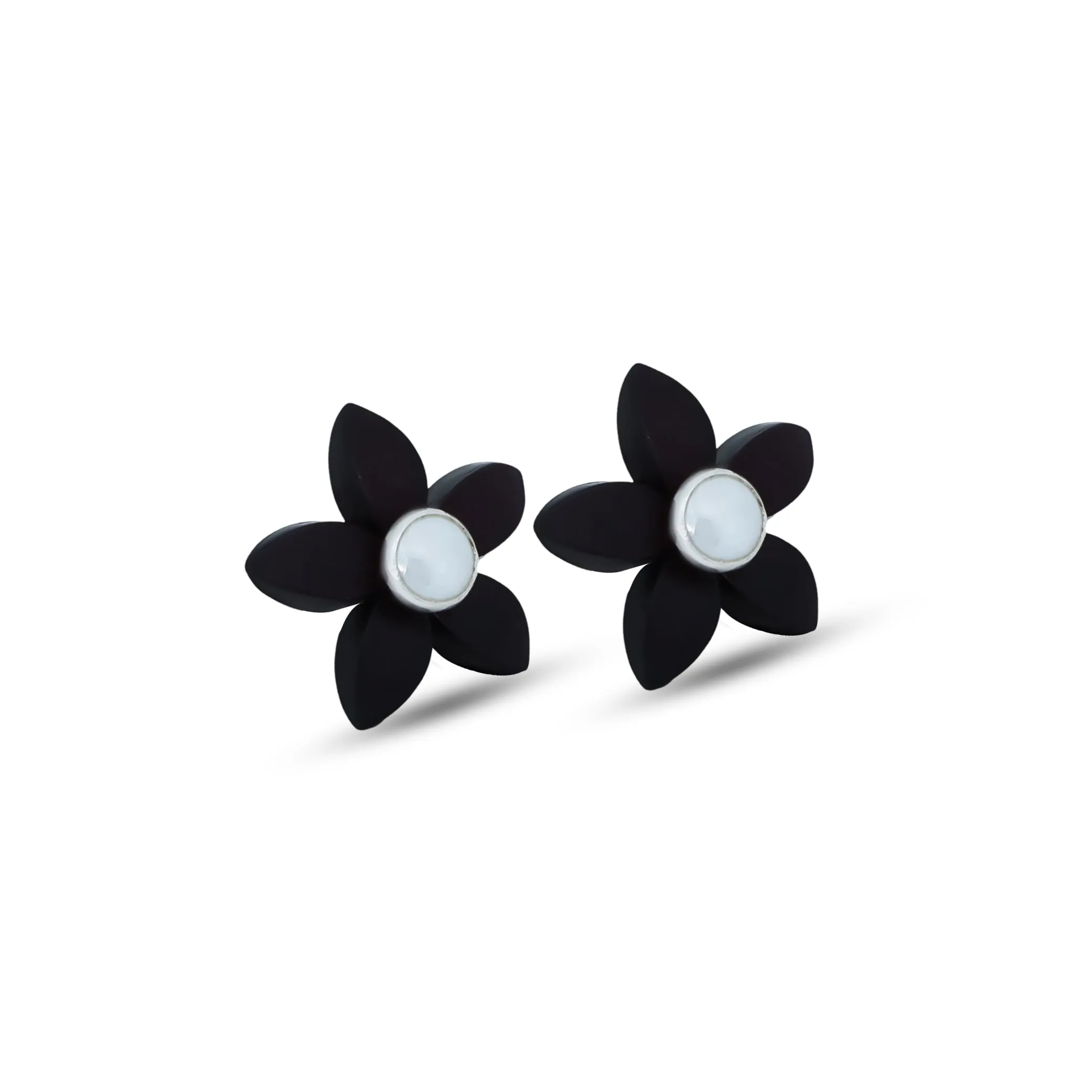 Black Flower Stud Silver Earrings with Pearl Center
