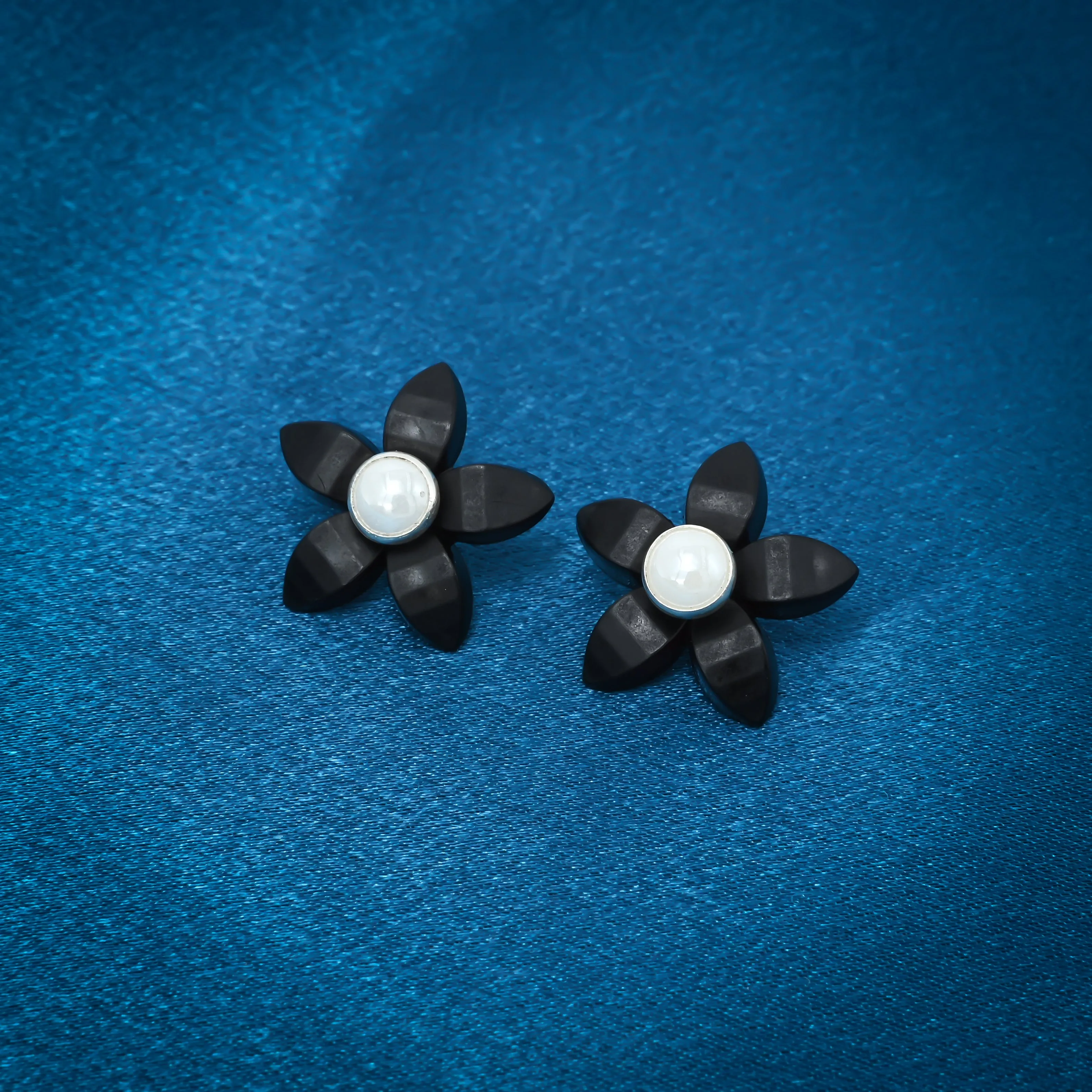 Black Flower Stud Silver Earrings with Pearl Center