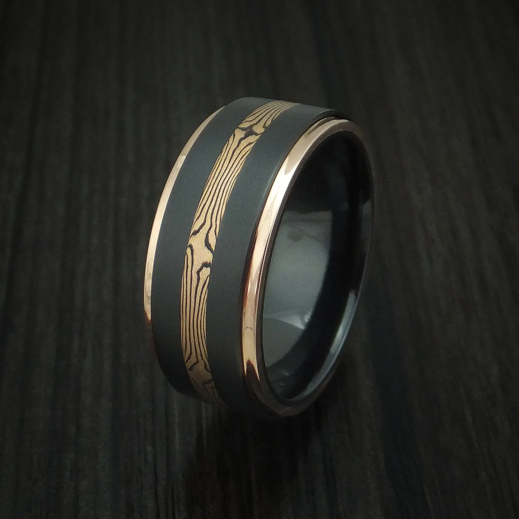 Black Titanium and Mokume Gane Men's Ring with Gold Edges Custom Made Band