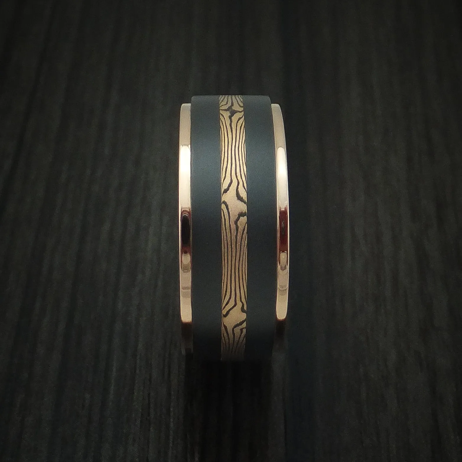 Black Titanium and Mokume Gane Men's Ring with Gold Edges Custom Made Band