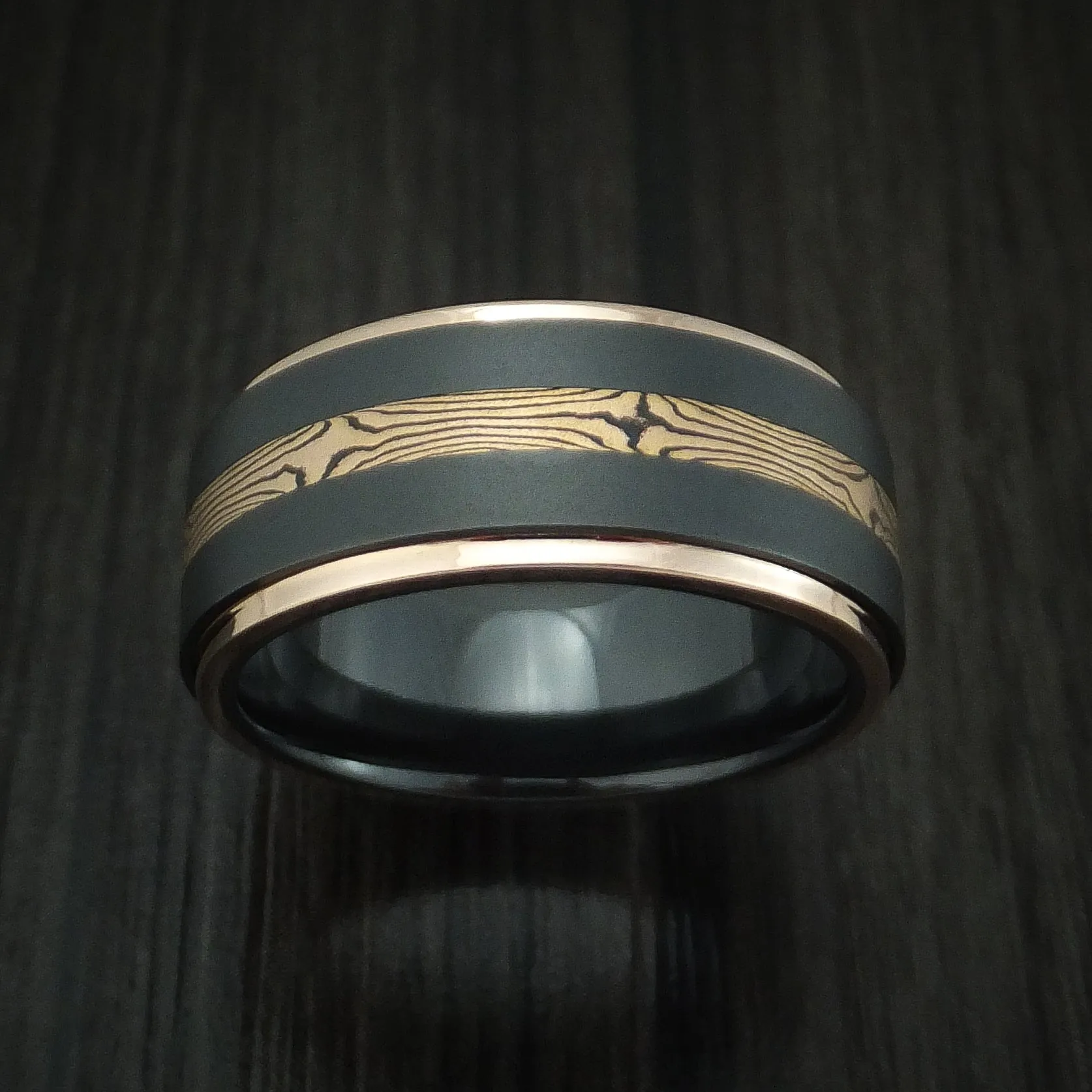 Black Titanium and Mokume Gane Men's Ring with Gold Edges Custom Made Band