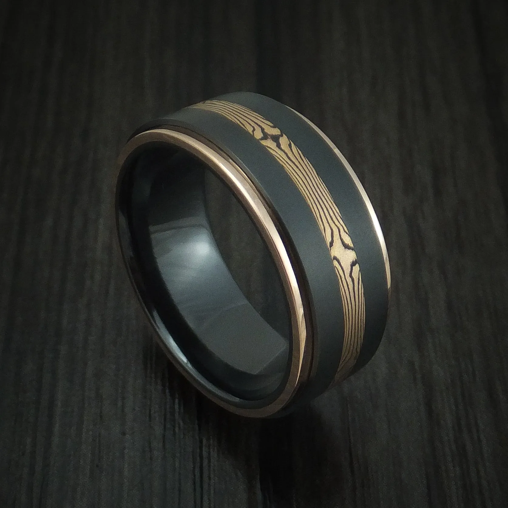 Black Titanium and Mokume Gane Men's Ring with Gold Edges Custom Made Band