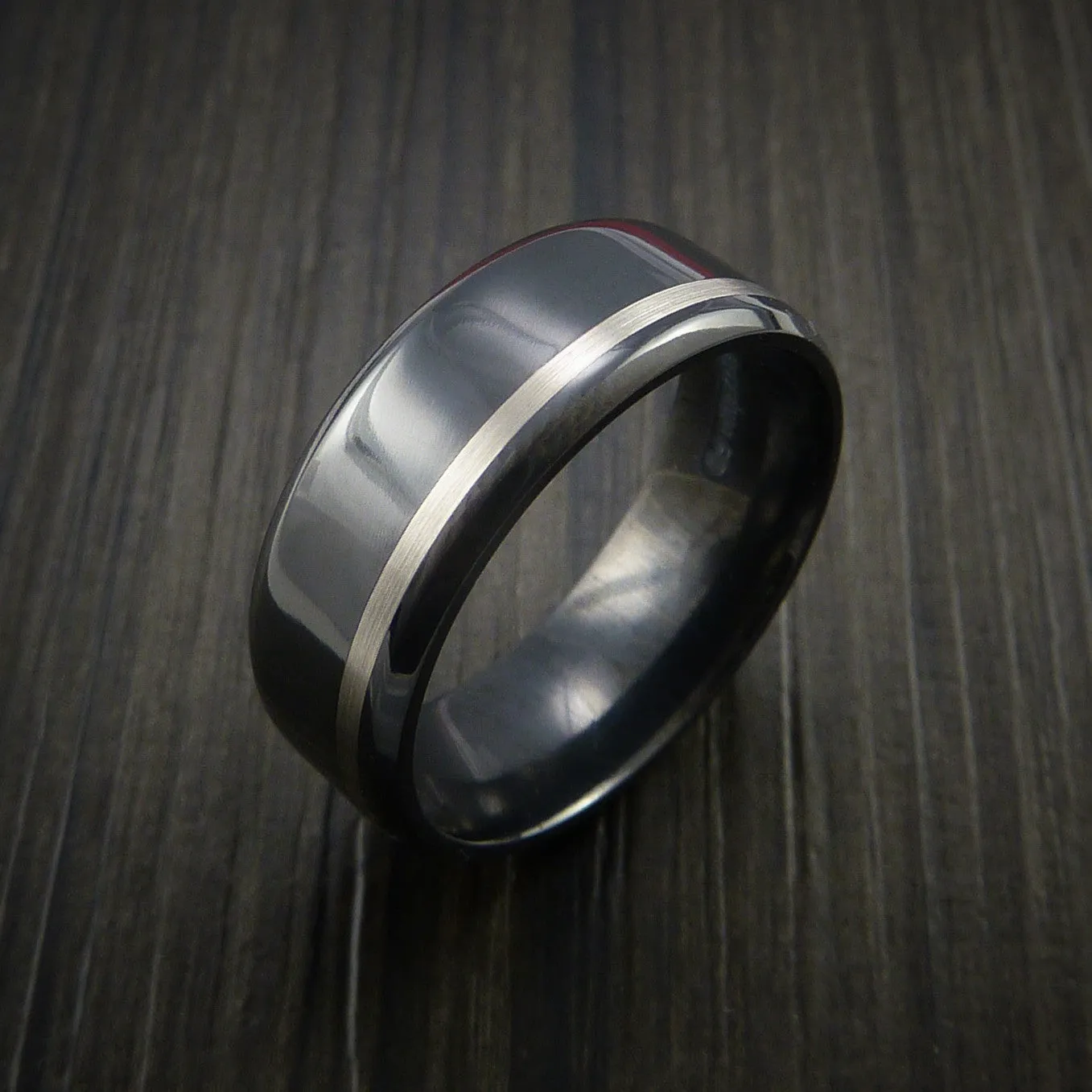 Black Titanium Band Wide Platinum Inlay Men's Ring