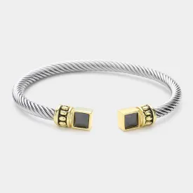 Black Two Tone Plated CZ Square Stone Tip Cable Cuff Bracelet