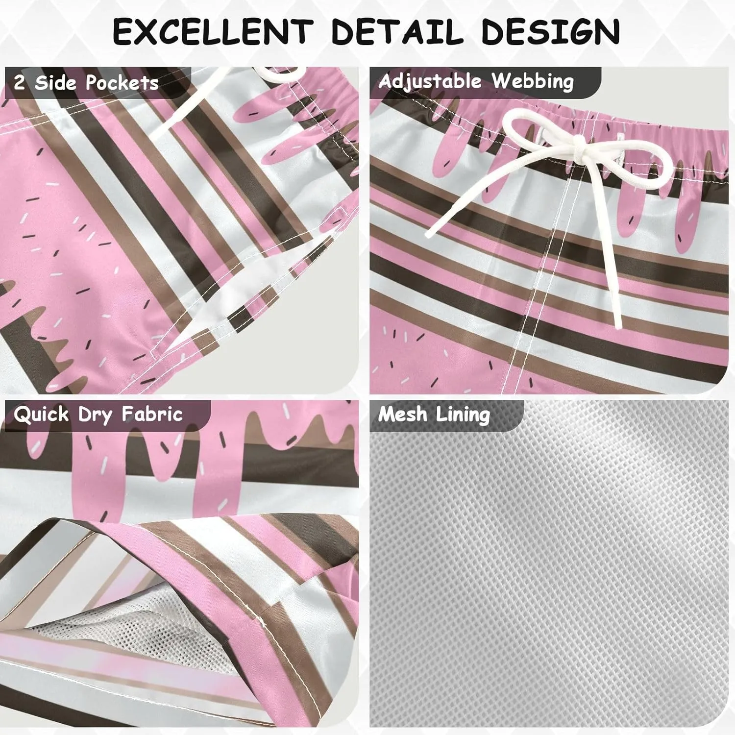 Boccsty Pink Strawberry Ice Cream Boys Swim Trunks Baby Kids Swimwear Summer Toddler Beach Board Shorts 2T-XL