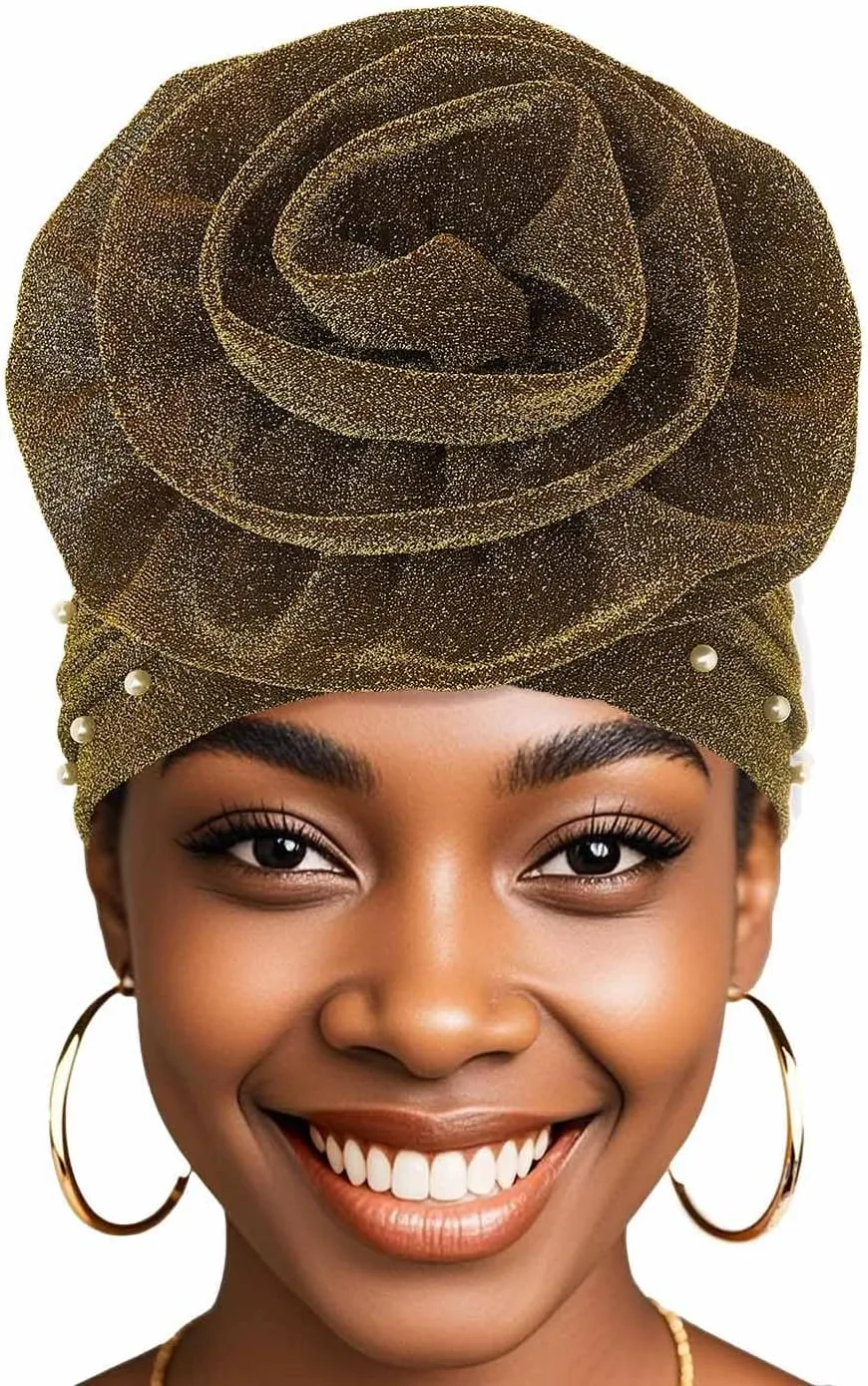Bohend Big Flower Glitter Pleated Headwrap Cap Pearl Pre Tied Turbans Beanie Knotted Bonnet Stretch Headscarf Hat Women