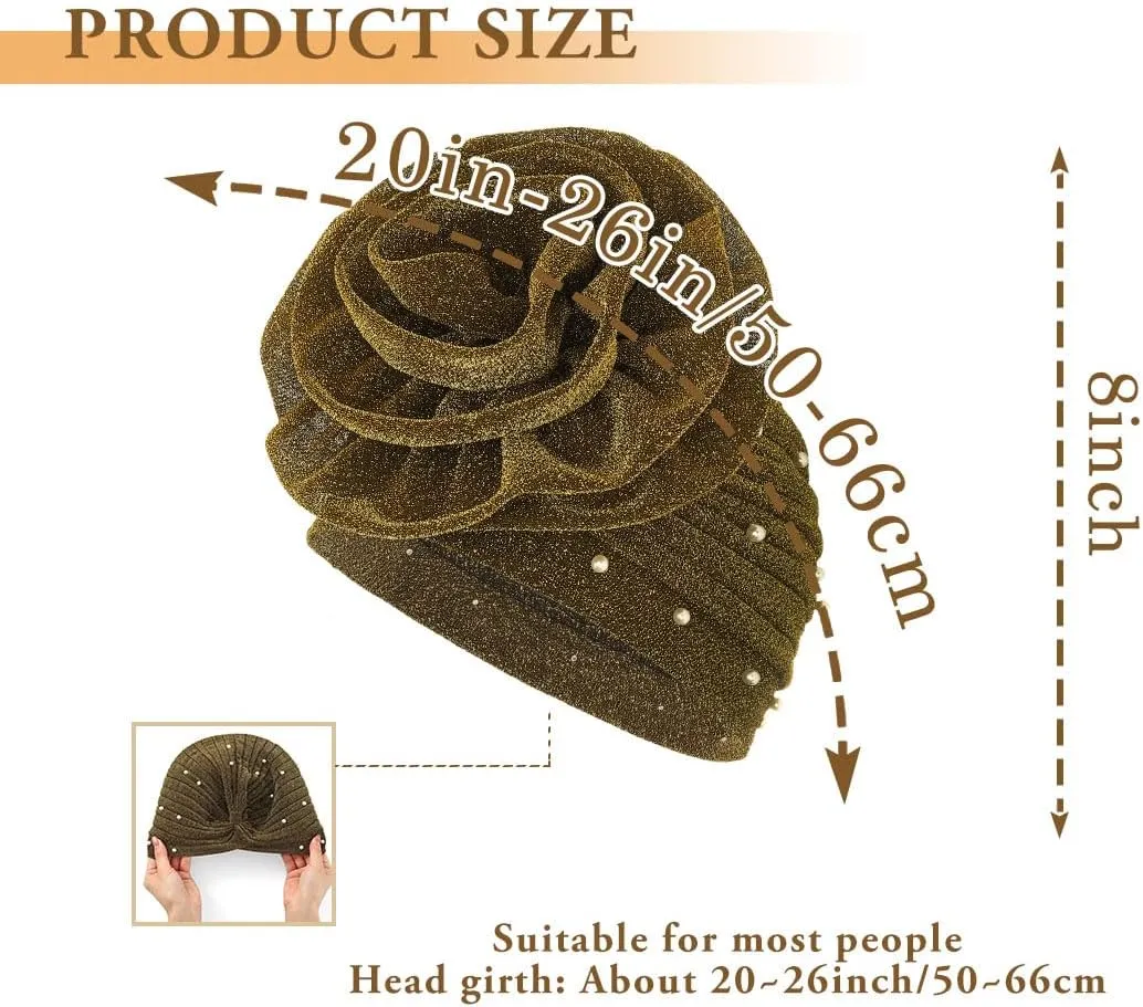 Bohend Big Flower Glitter Pleated Headwrap Cap Pearl Pre Tied Turbans Beanie Knotted Bonnet Stretch Headscarf Hat Women
