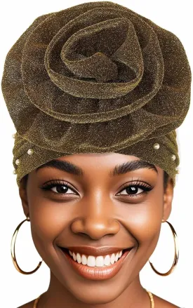 Bohend Big Flower Glitter Pleated Headwrap Cap Pearl Pre Tied Turbans Beanie Knotted Bonnet Stretch Headscarf Hat Women