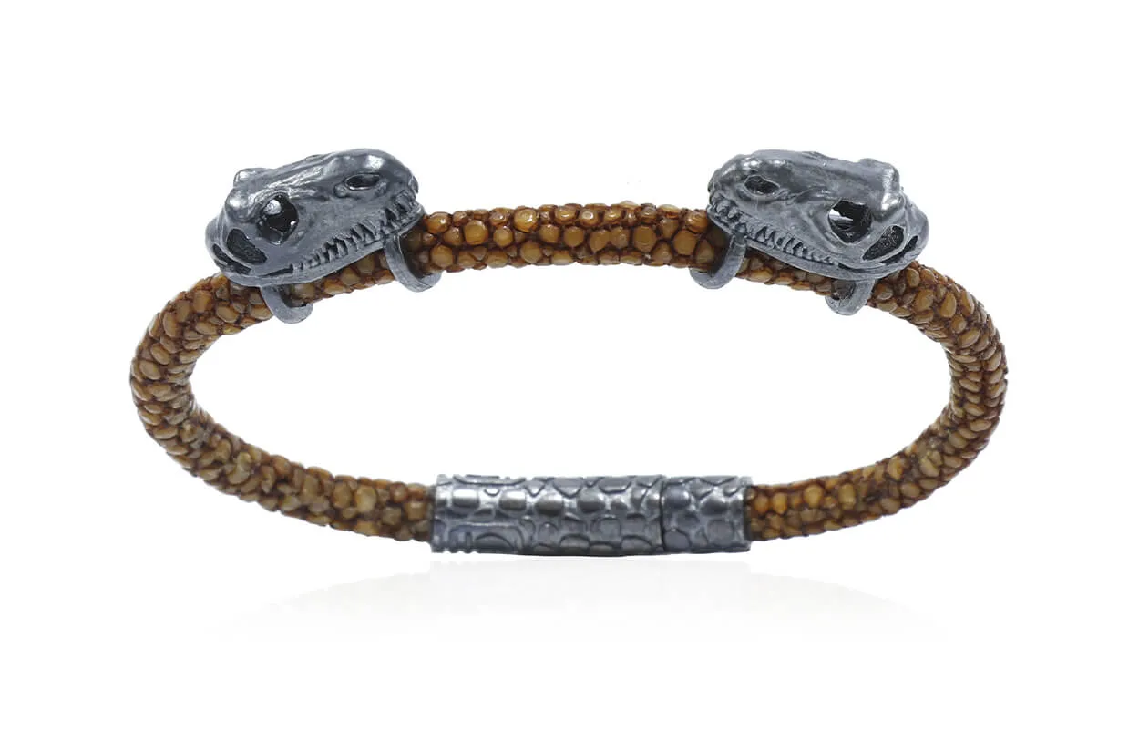 Bracelet LivingSkull Men Stingray Leather & Two T-Rex Skulls