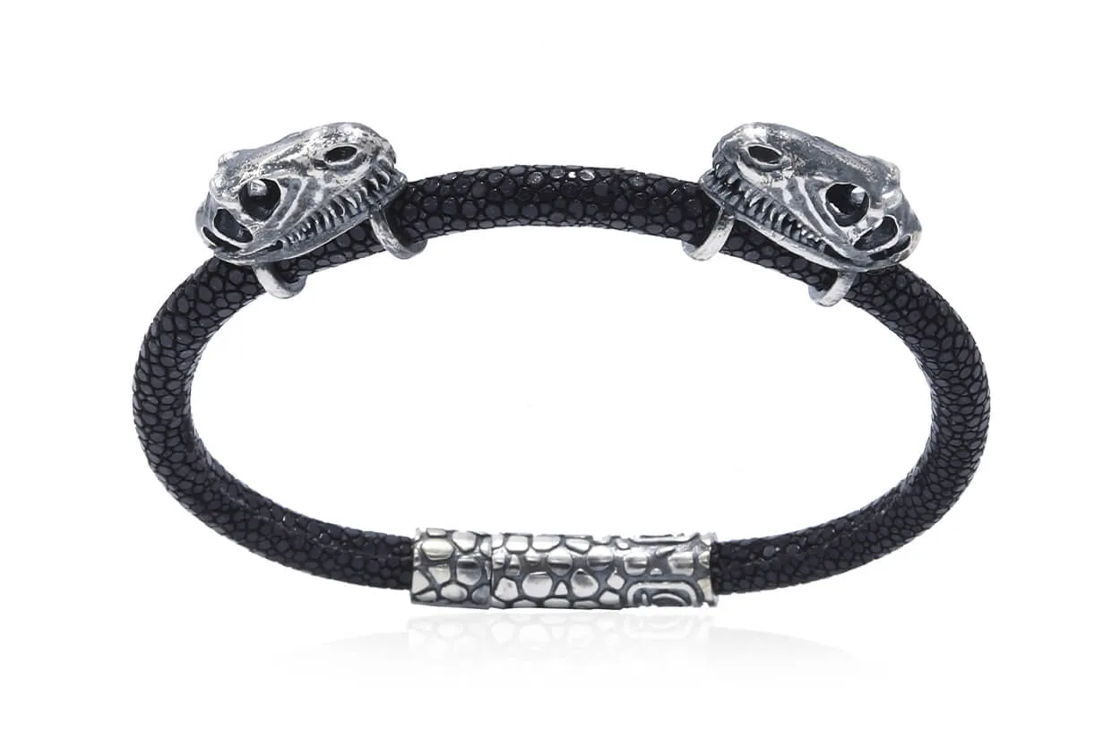 Bracelet LivingSkull Men Stingray Leather & Two T-Rex Skulls