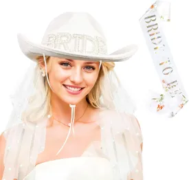 Bride Cowgirl Hat with Veil and Bride to Be Sash 2 Pcs, White Cowboy Hat for Women Bachelorette Party Accessories Country Wedding, Bridal Shower