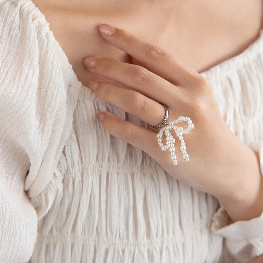 Bubble Pearl Bow Cuff Ring