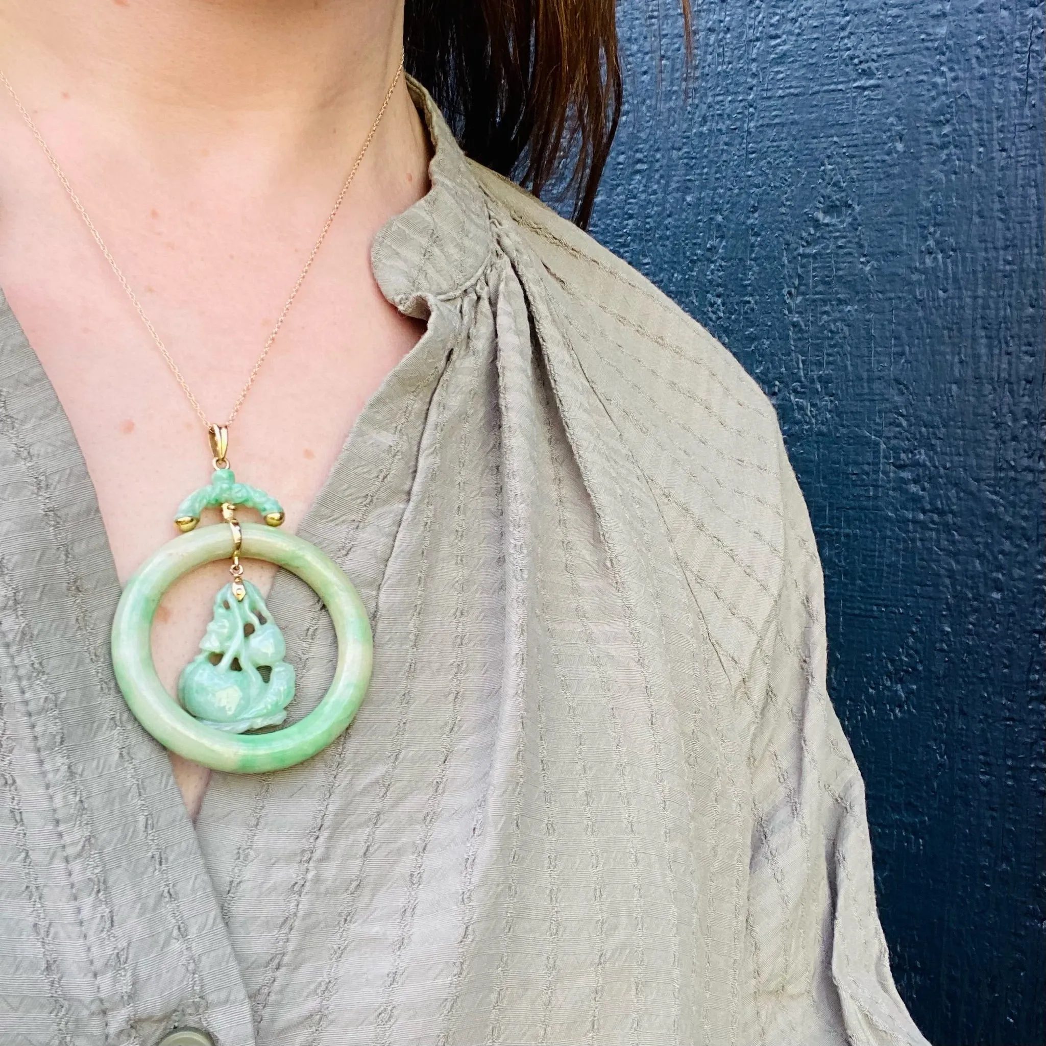 Carved Jade Cherries with Gold Pendant