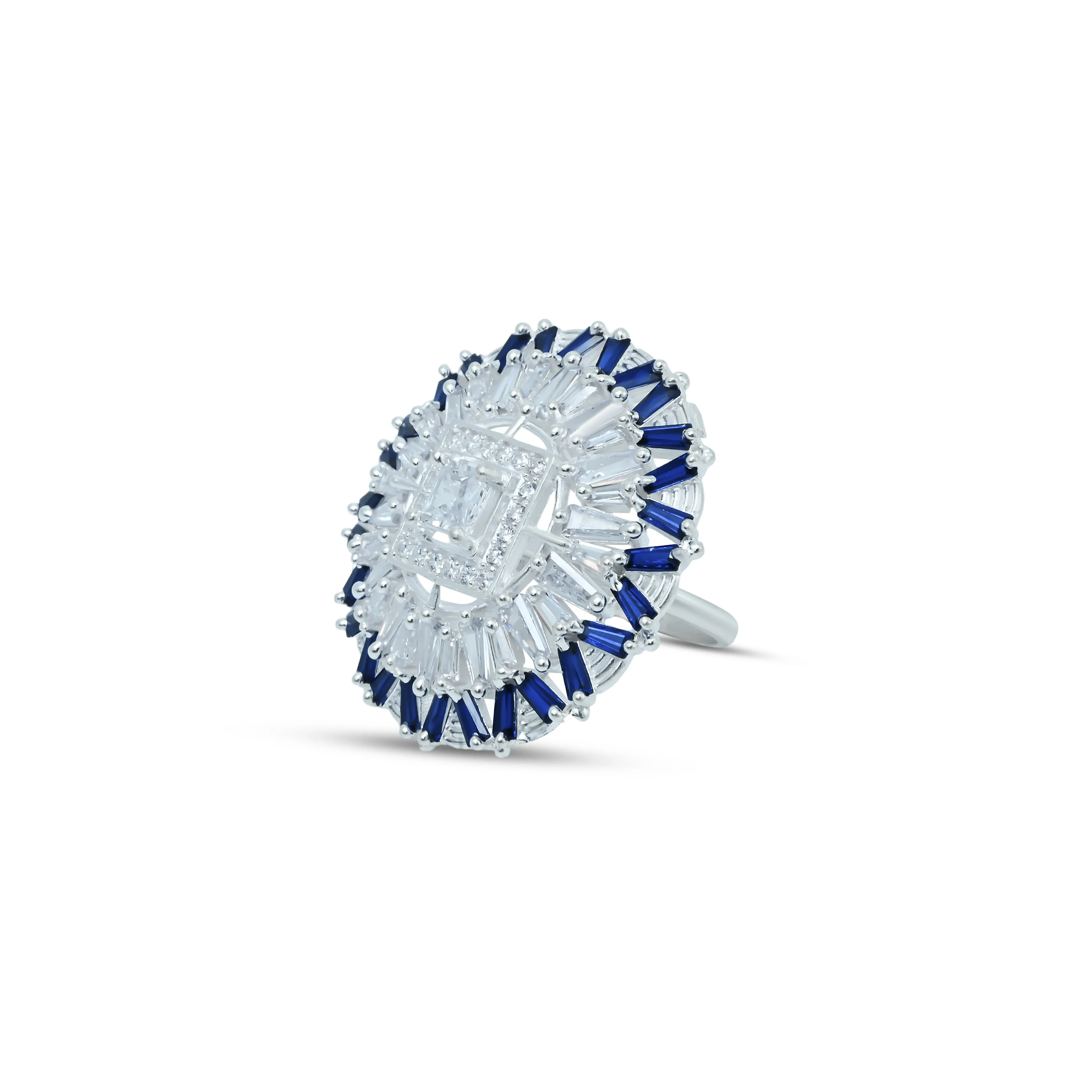 Center Square Design Silver Ring with Blue Stones