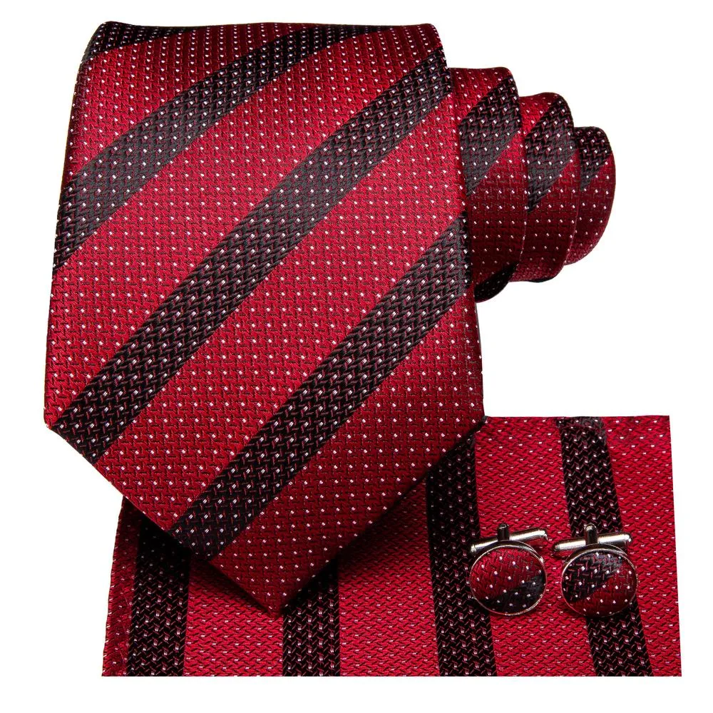 Classic Black Red Dot Striped Silk Necktie Pocket Square Cufflinks Set